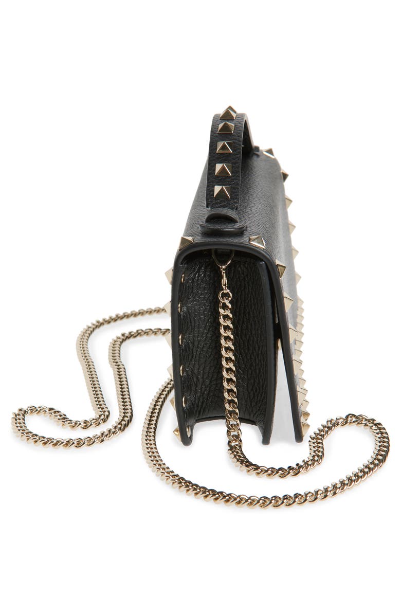 Valentino Garavani Rockstud Leather Wallet on a Chain, Alternate, color, Black