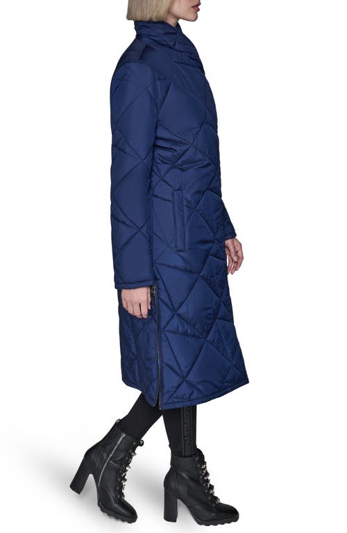 Karl Lagerfeld Paris Quilted Asymmetric Midi Coat In Blue