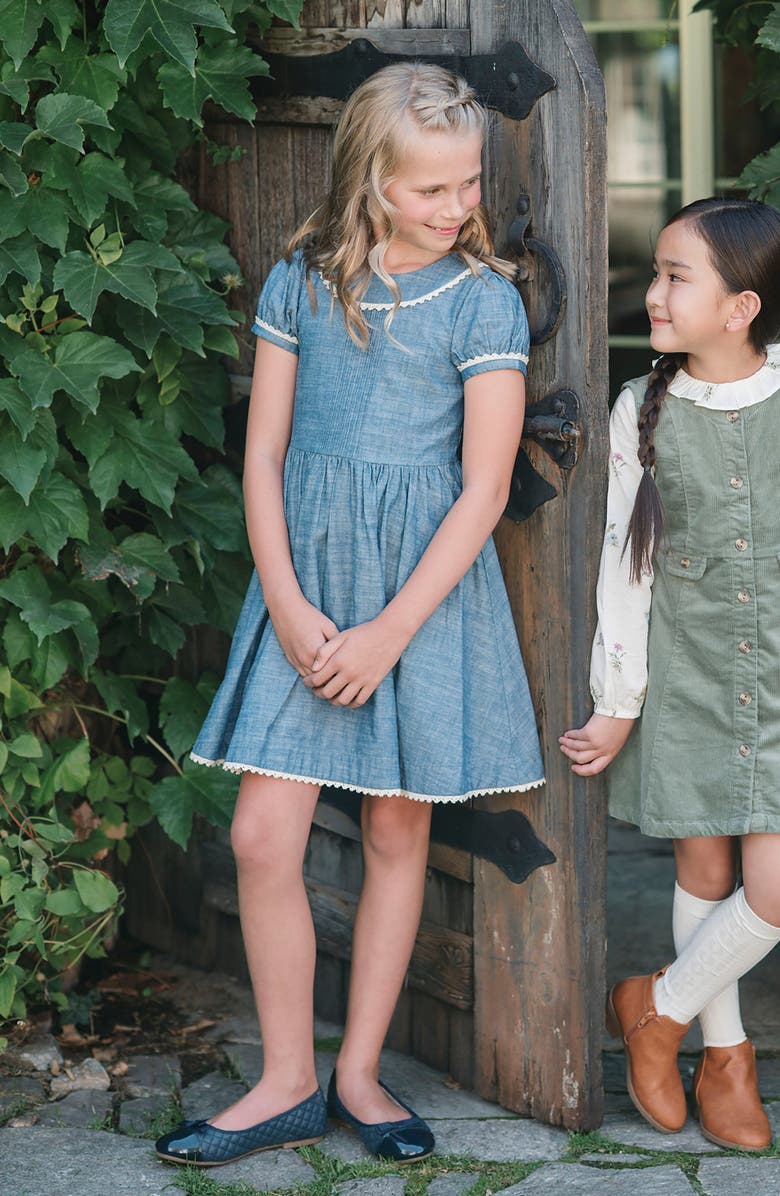 Hope & Henry Kids' Organic Puff Sleeve Pintuck Chambray Dress, Alternate, color, Blue Chambray