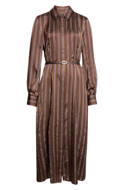 Stripe Long Sleeve Satin Midi Shirtdress