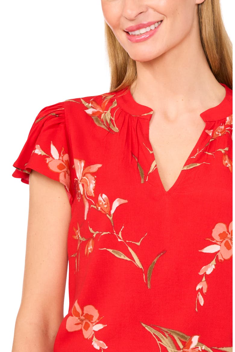Floral Flutter Sleeve V-Neck Top, Alternate, color, FIERY RED