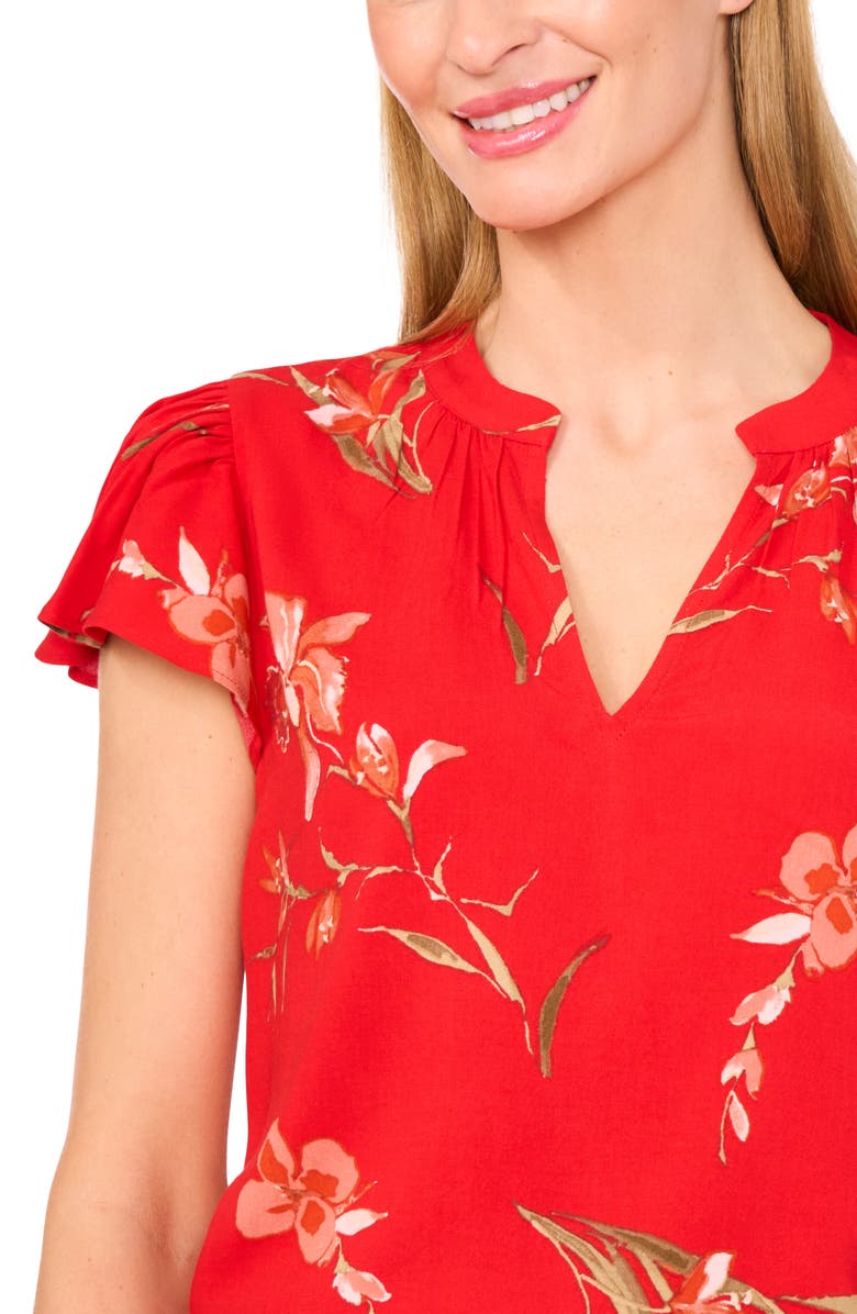 CeCe Floral Flutter Sleeve V-Neck Top, Alternate, color, Fiery Red