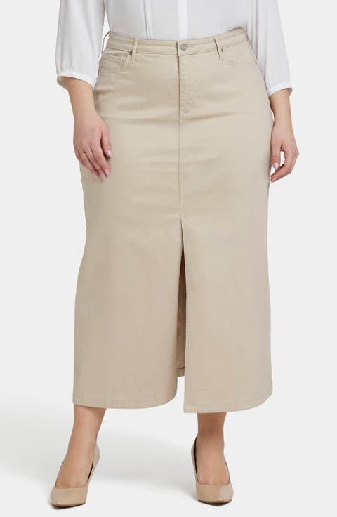 High Waist Slit Front Denim Maxi Skirt (Plus)