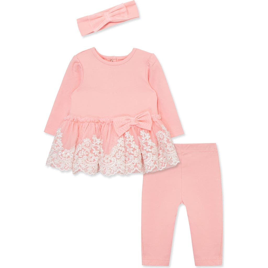 Little Me Embroidered Tulle Tunic, Leggings & Headband Set In Pink
