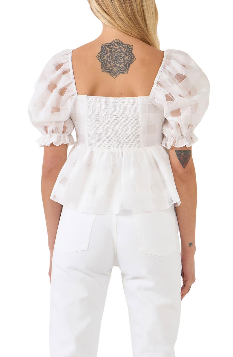 English Factory Check Puff Sleeve Organza Peplum Blouse, Alternate, color, 