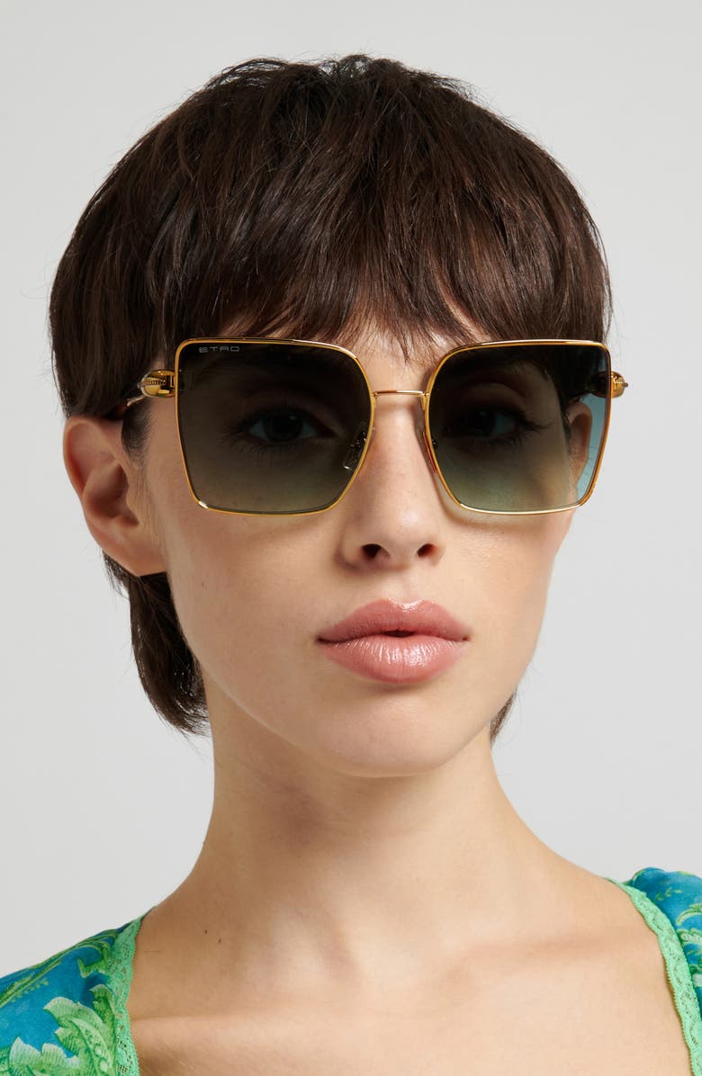 Etro 59mm Geometric Square Sunglasses, Alternate, color, Yellow Antique Gold/ Green