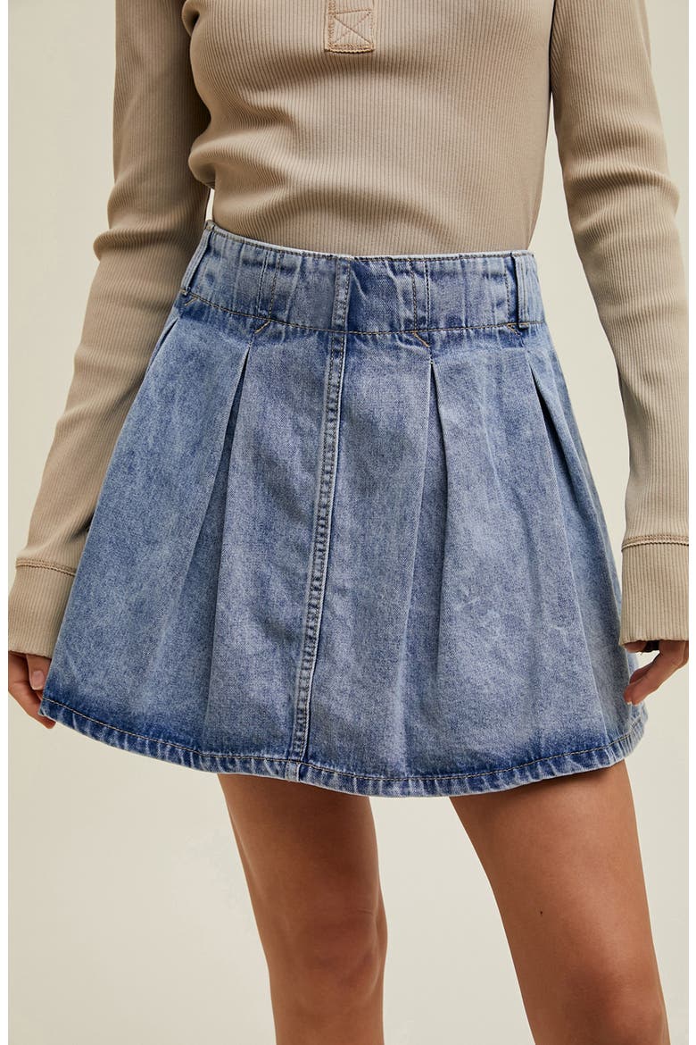Washed Denim Pleated Miniskirt, Alternate, color, DENIM