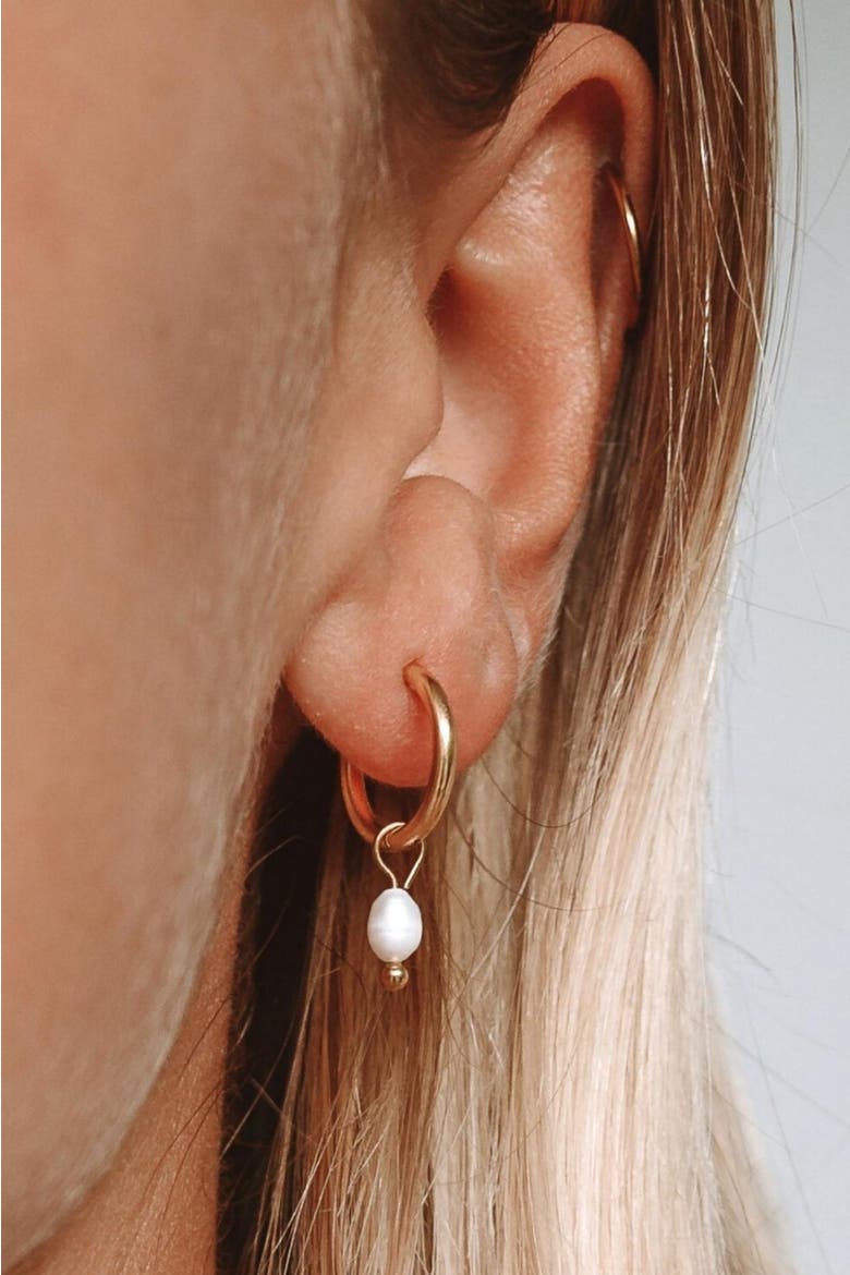 Pearl Huggie Hoops  Earrings, Alternate, color, Gold