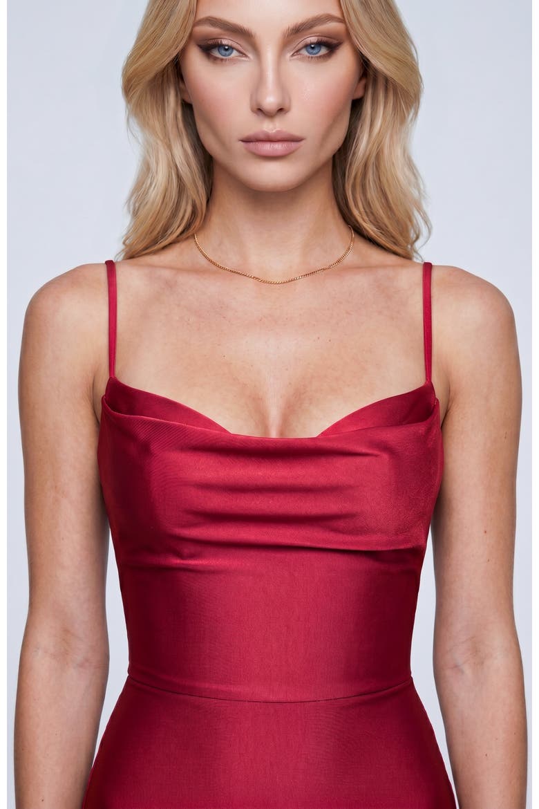 Cowl Neck Lace-Up Open Back Mermaid Gown, Alternate, color, Red