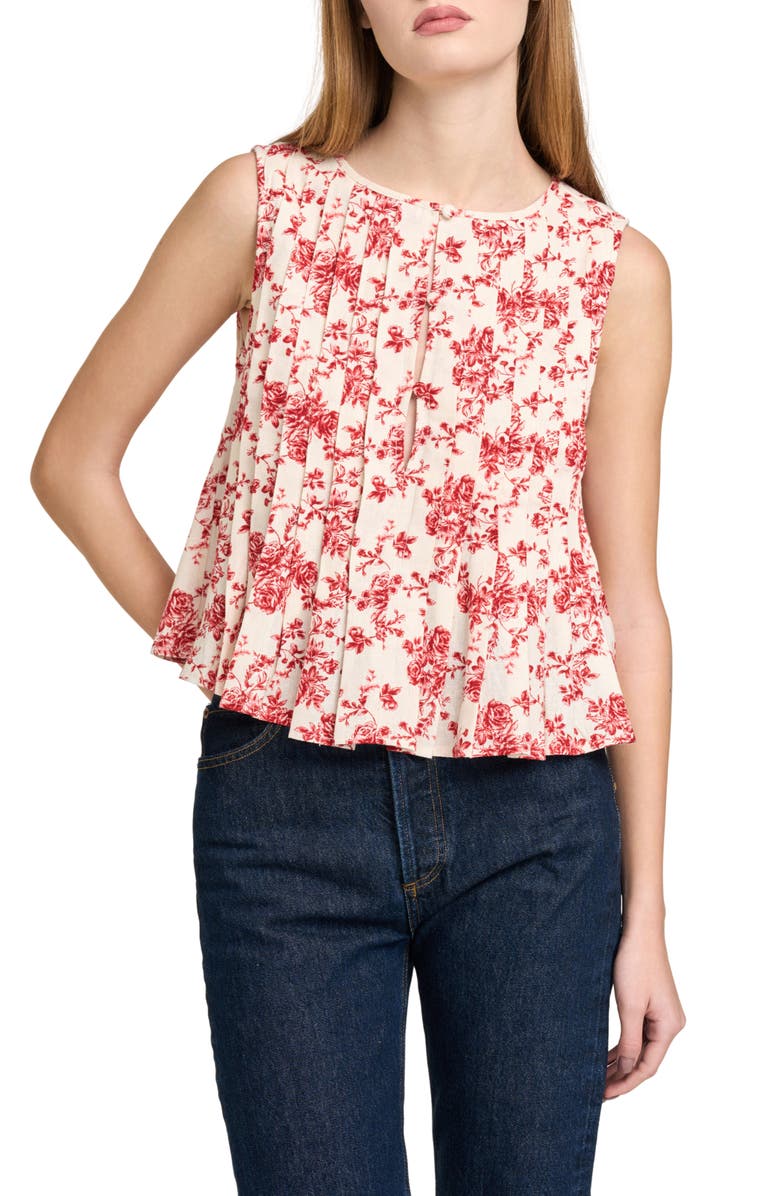 WAYF Romy Floral Pleated Top, Main, color, Red Toile