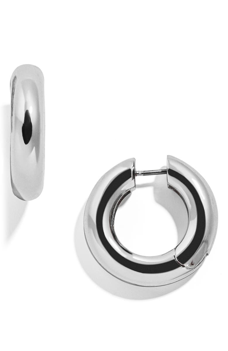 BaubleBar Dalilah Small Tube Huggie Hoops, Main, color, Silver