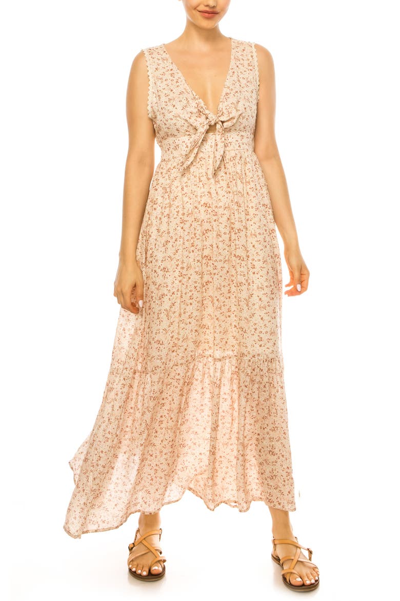 Tie Front Ditsy Floral Maxi Dress, Main, color, NATURAL