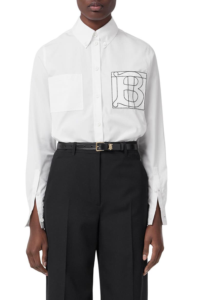 Anette TB Embroidered Cotton Button-Down Shirt, Main, color, OPTIC WHITE