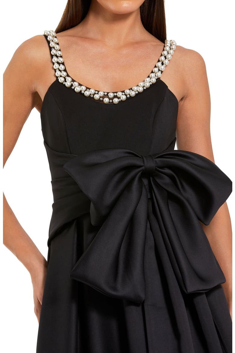Women's Satin Gown With Pearl Neckline and Bow Detail, Alternate, color, Black