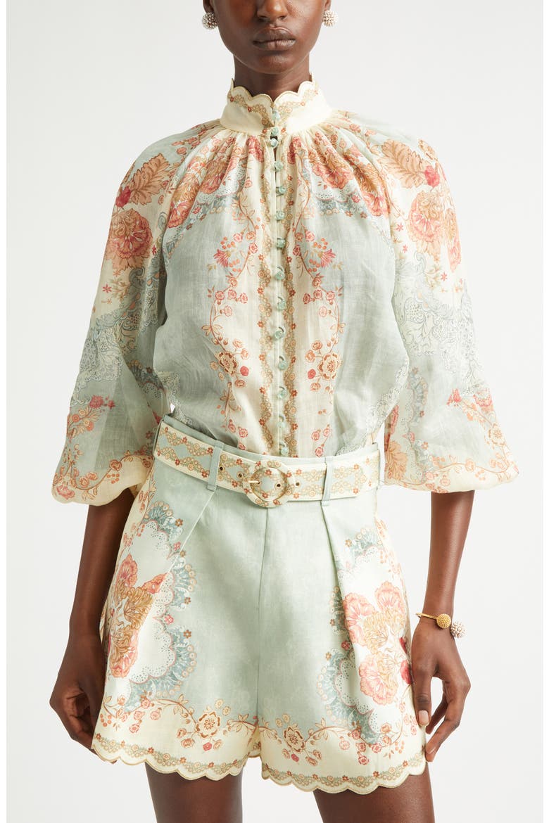 Daylight Floral Ramie Button-Up Top, Main, color, WALLPAPER FLORAL MINT