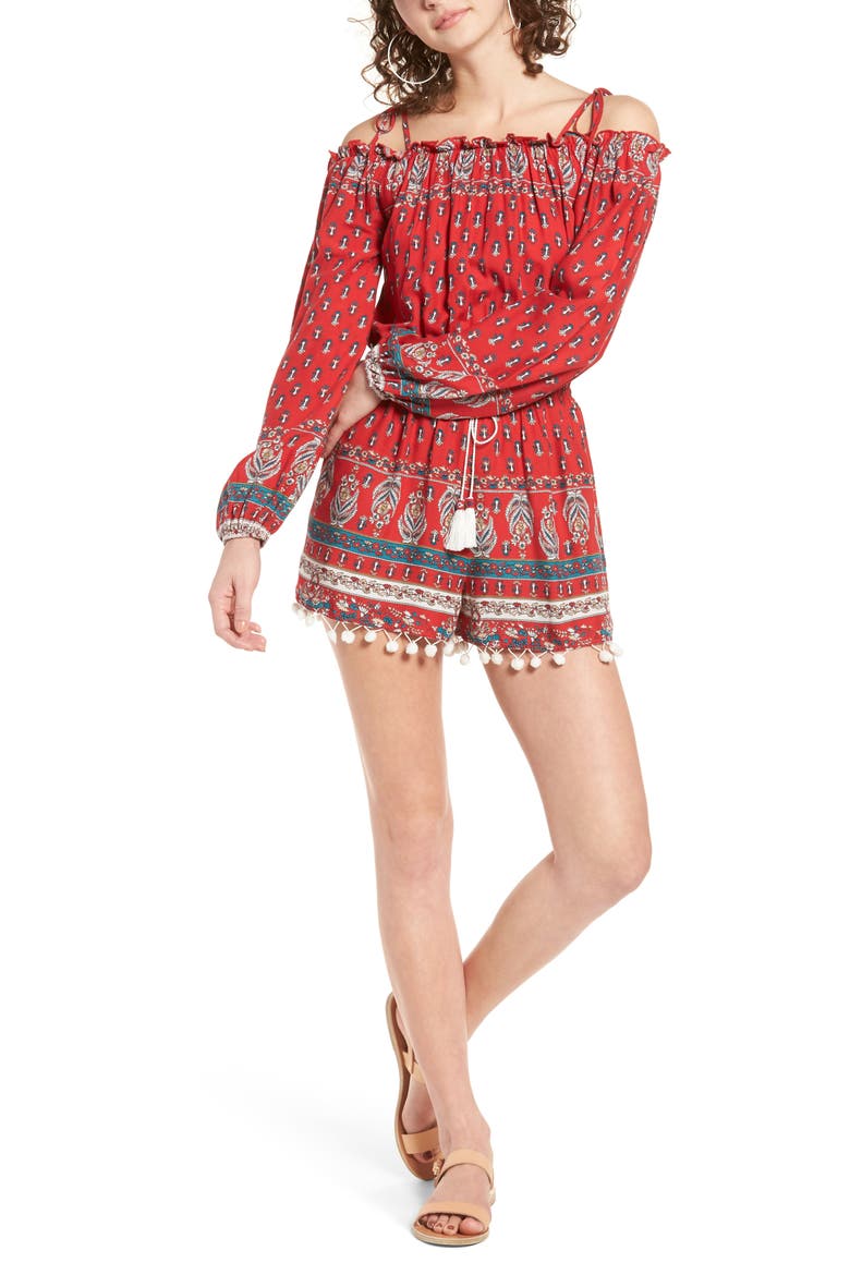 Print Pompom Cold Shoulder Romper, Main, color, RED/ WHITE