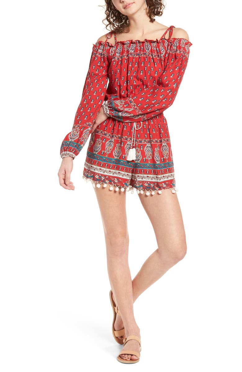 Band of Gypsies Print Pompom Cold Shoulder Romper, Main, color, 