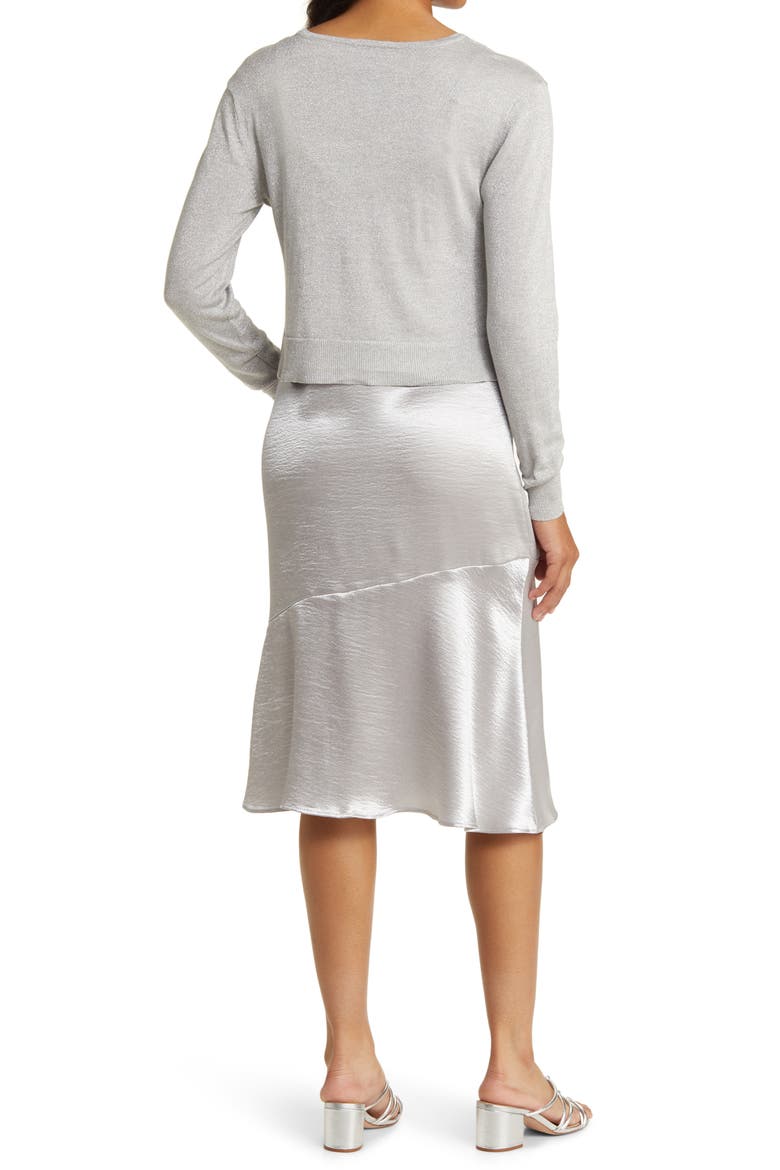 Satin Slipdress with Metallic Sparkle Boat Neck Sweater, Alternate, color, PLATINUM