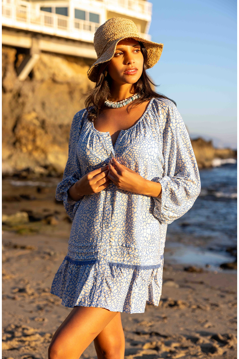 Verano Long Sleeve Beach Cover-up with Buttons, Alternate, color, Blue/Cream Animal Print