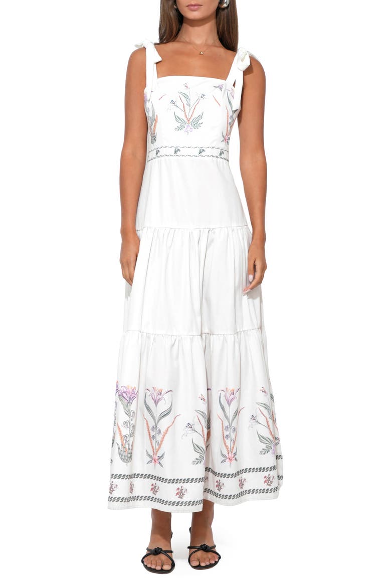 Olivi Placement Print Midi Dress, Main, color, WHITE