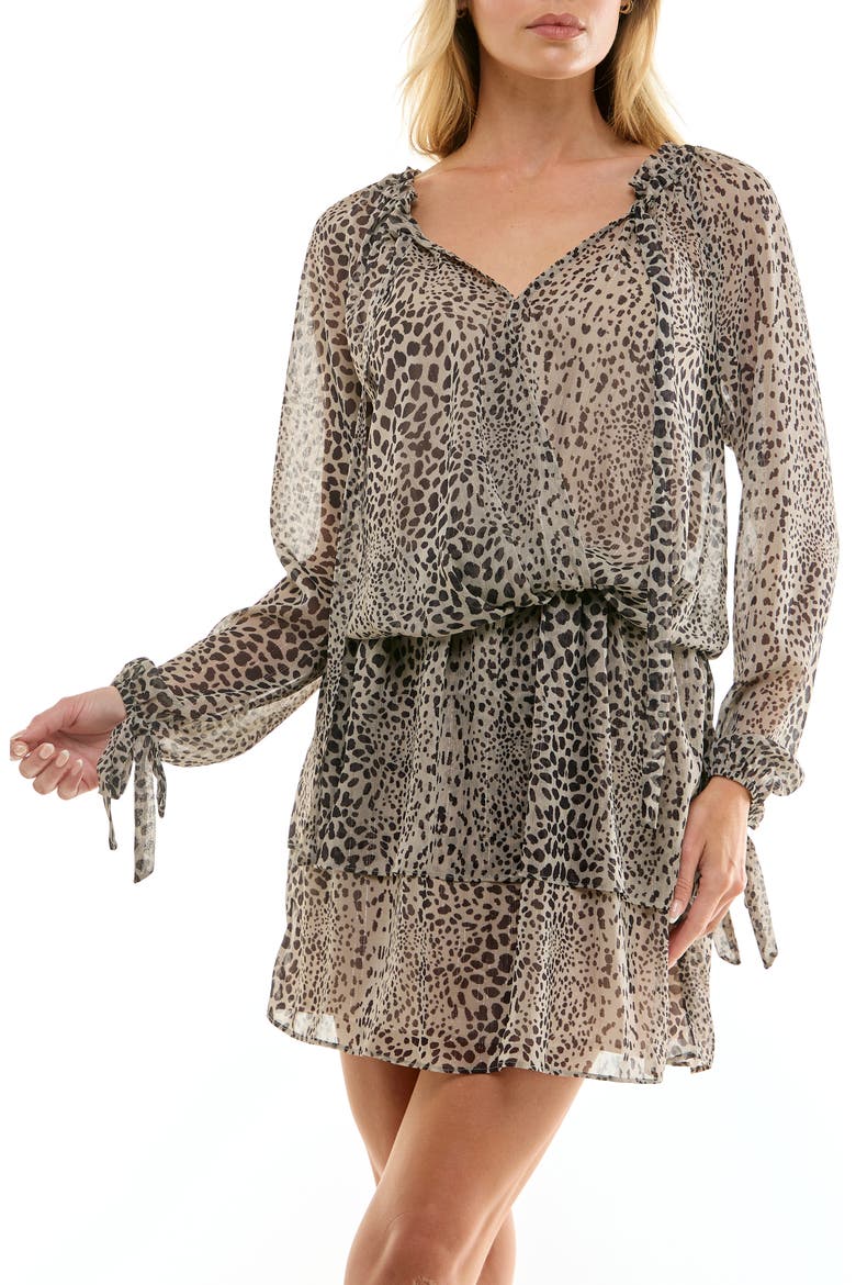 Metallic Animal Print Long Sleeve Minidress, Alternate, color, TAUPE BLACK