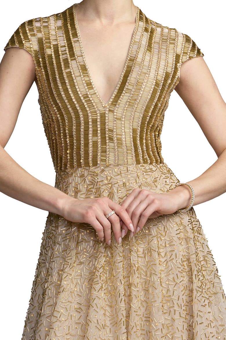 V-Neck Beaded Tulle A-Line Gown, Alternate, color, Gold