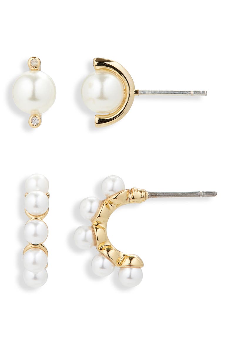 crystal & faux pearl stud & hoop earrings set, Alternate, color, CREAM/ GOLD