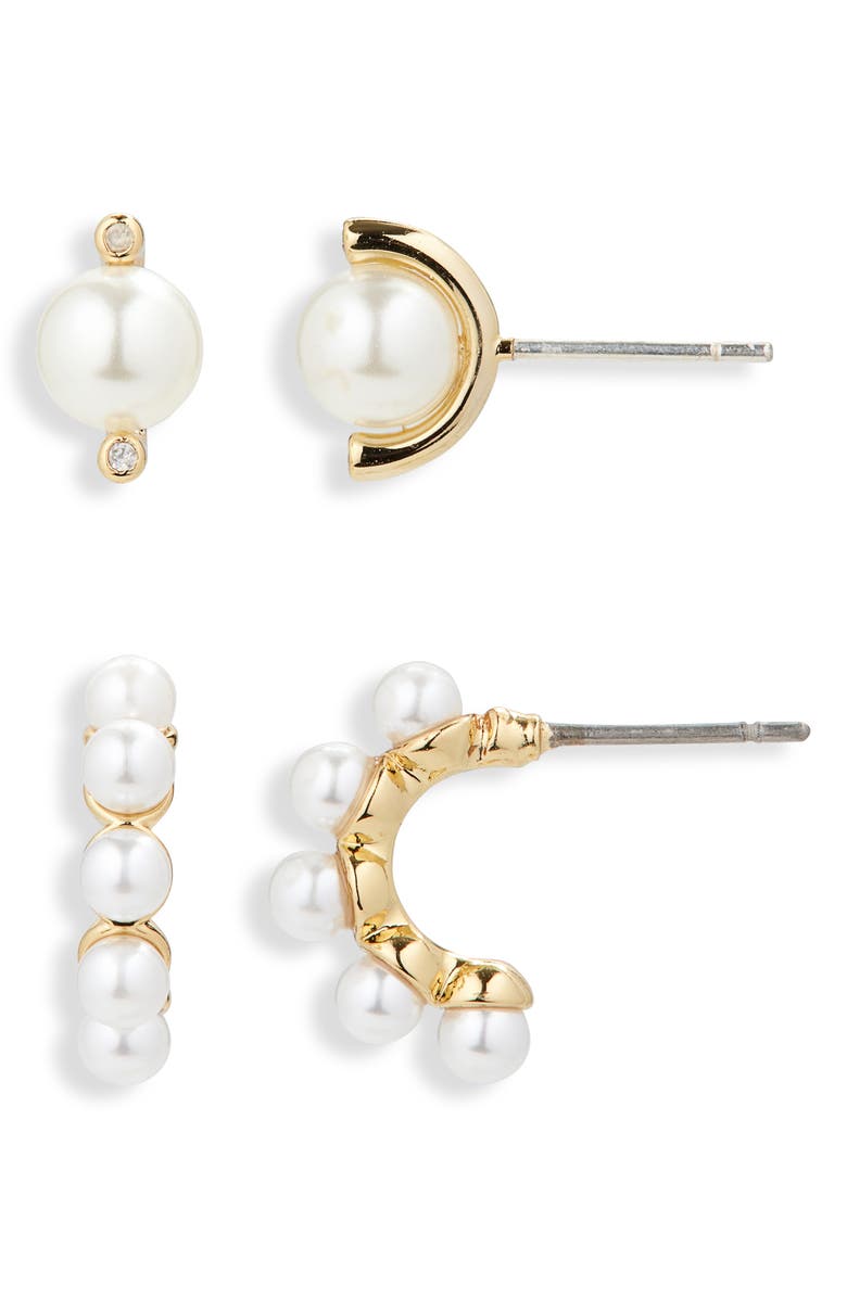 Kate Spade New York crystal & faux pearl stud & hoop earrings set, Alternate, color, Cream/ Gold