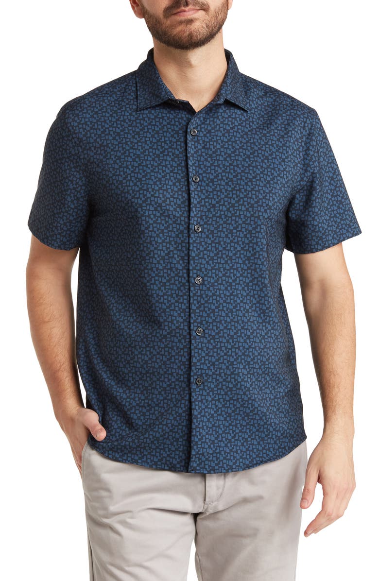 Perry Ellis Geo Print Short Sleeve Stretch Button-Up Shirt, Main, color, 