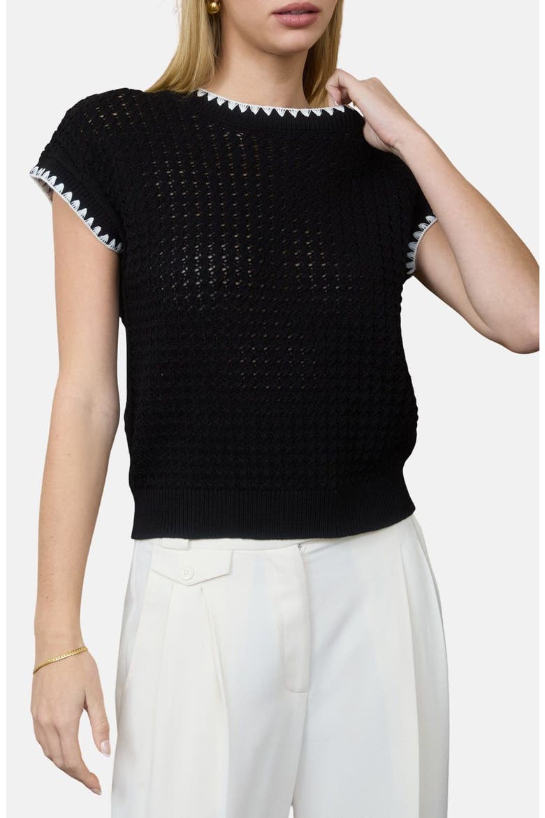 Open Knit Short Sleeve Sweater, Main, color, BLACK