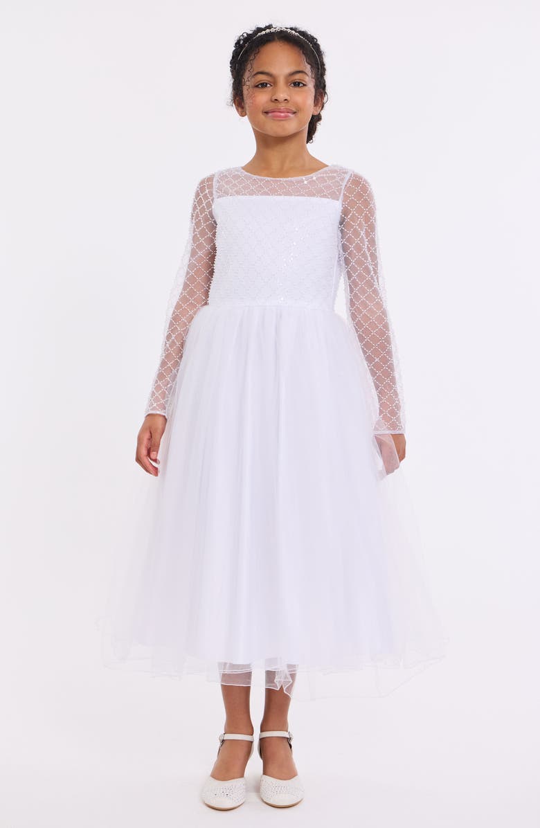 Iris & Ivy Embroidered Cap Sleeve Communion Dress, Main, color, White