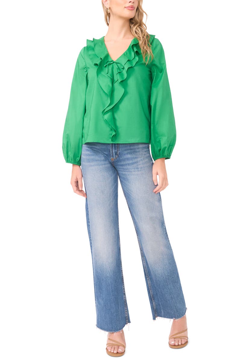 Vince Camuto Double Ruffle Long Sleeve Cotton Top, Alternate, color, Field Green