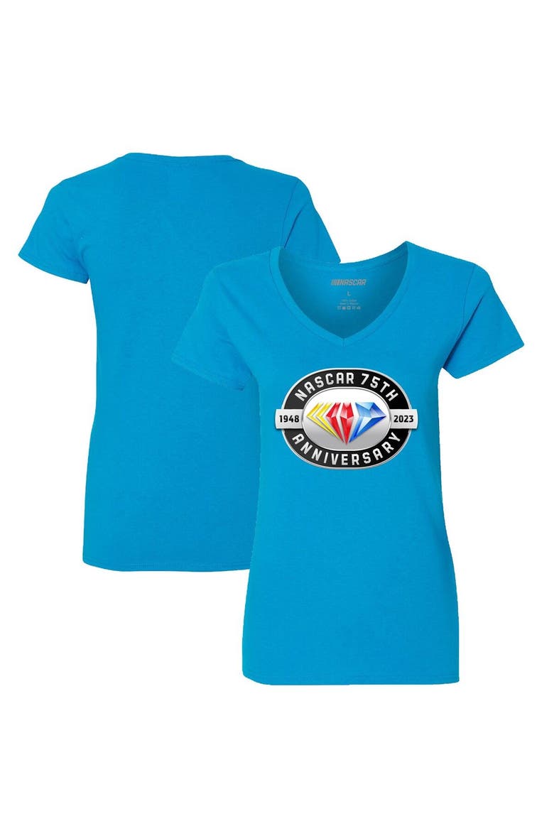 Women's Checkered Flag Light Blue NASCAR 75th Anniversary V-Neck T-Shirt, Main, color, Light Blue