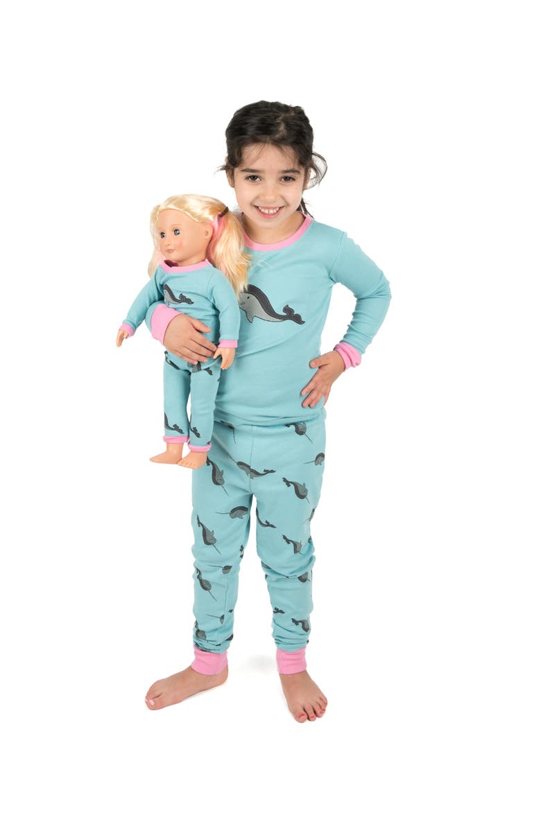 Leveret Girls 2-pc. Cotton Pajamas with Matching Doll Accessory - Animal Prints, Alternate, color, Whale Blue