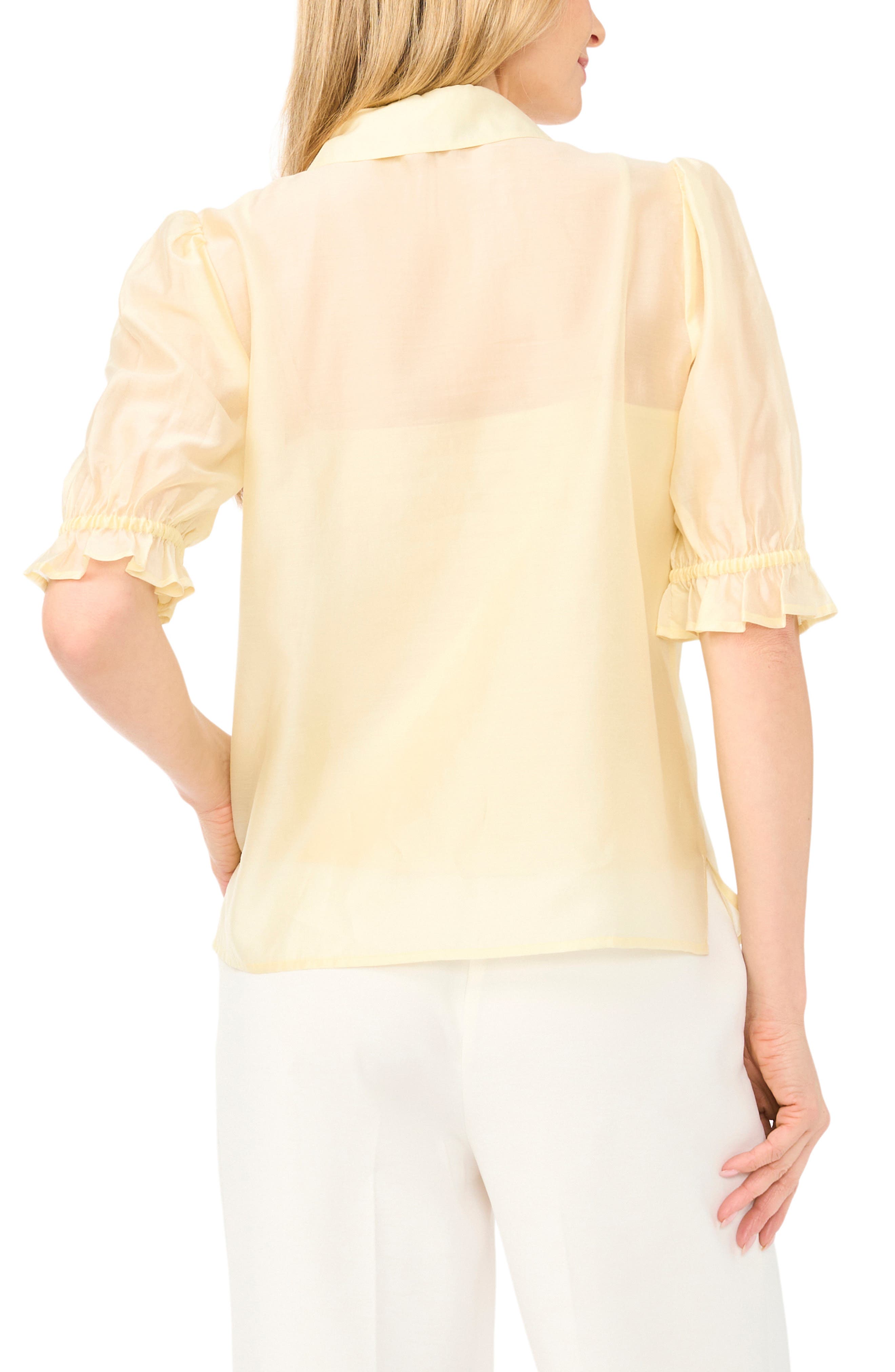 Puff Sleeve Semi Sheer Button-Up Top - image 4