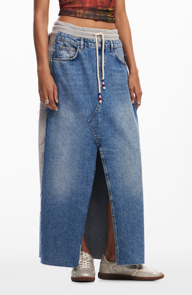 Desigual Pekin Fleece Trim Denim Skirt, Main, color, 
