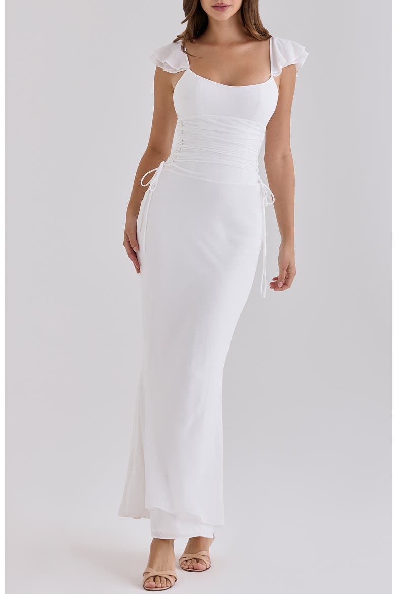 Flutter Sleeve Lace Up Gown, Main, color, WHITE