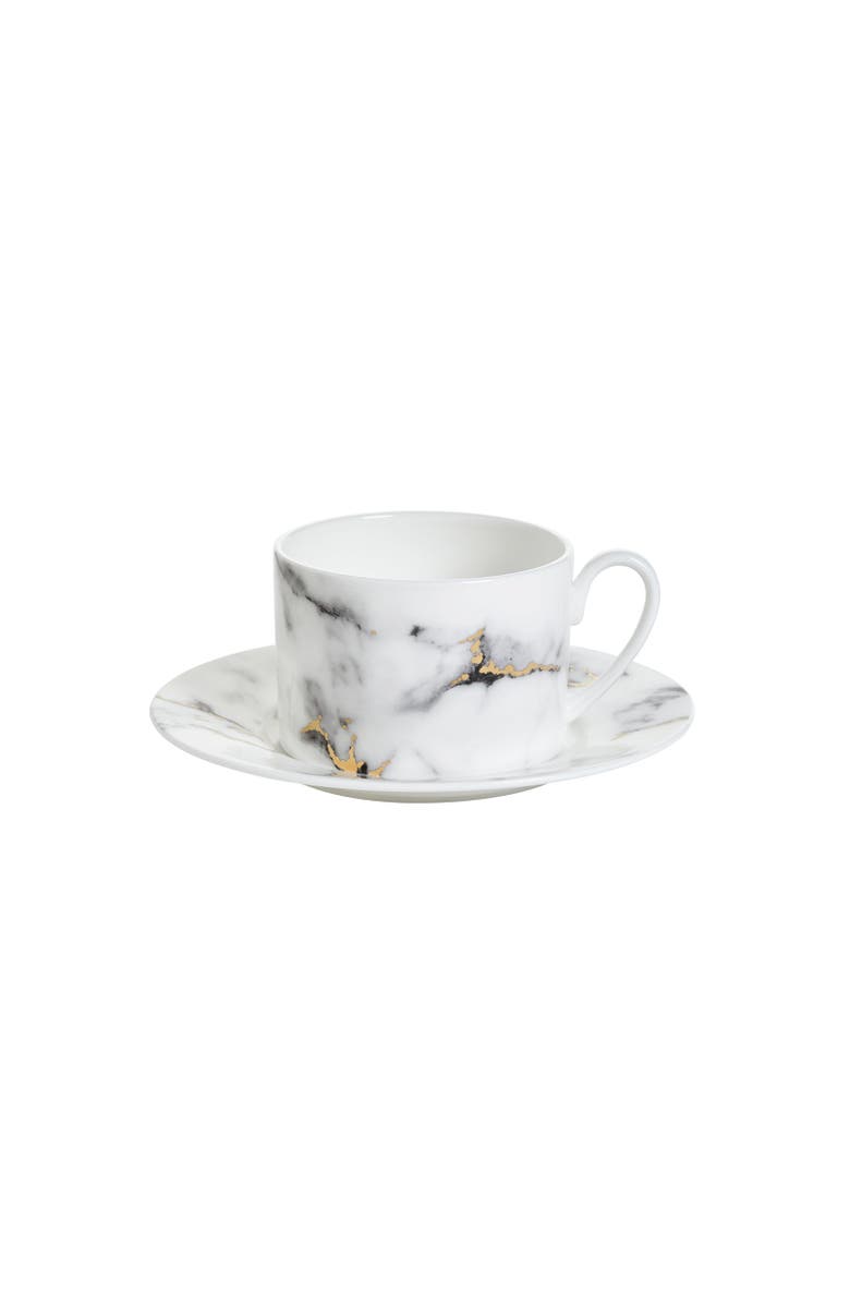 Prouna Marble Venice Fog Tea Cup & Saucer, Main, color, White