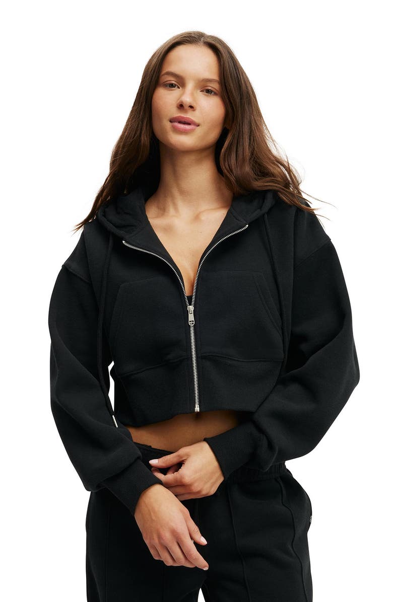 COTTON ON BODY Women's Active Plush Boxy Cropped Zip Through, Alternate, color, Black