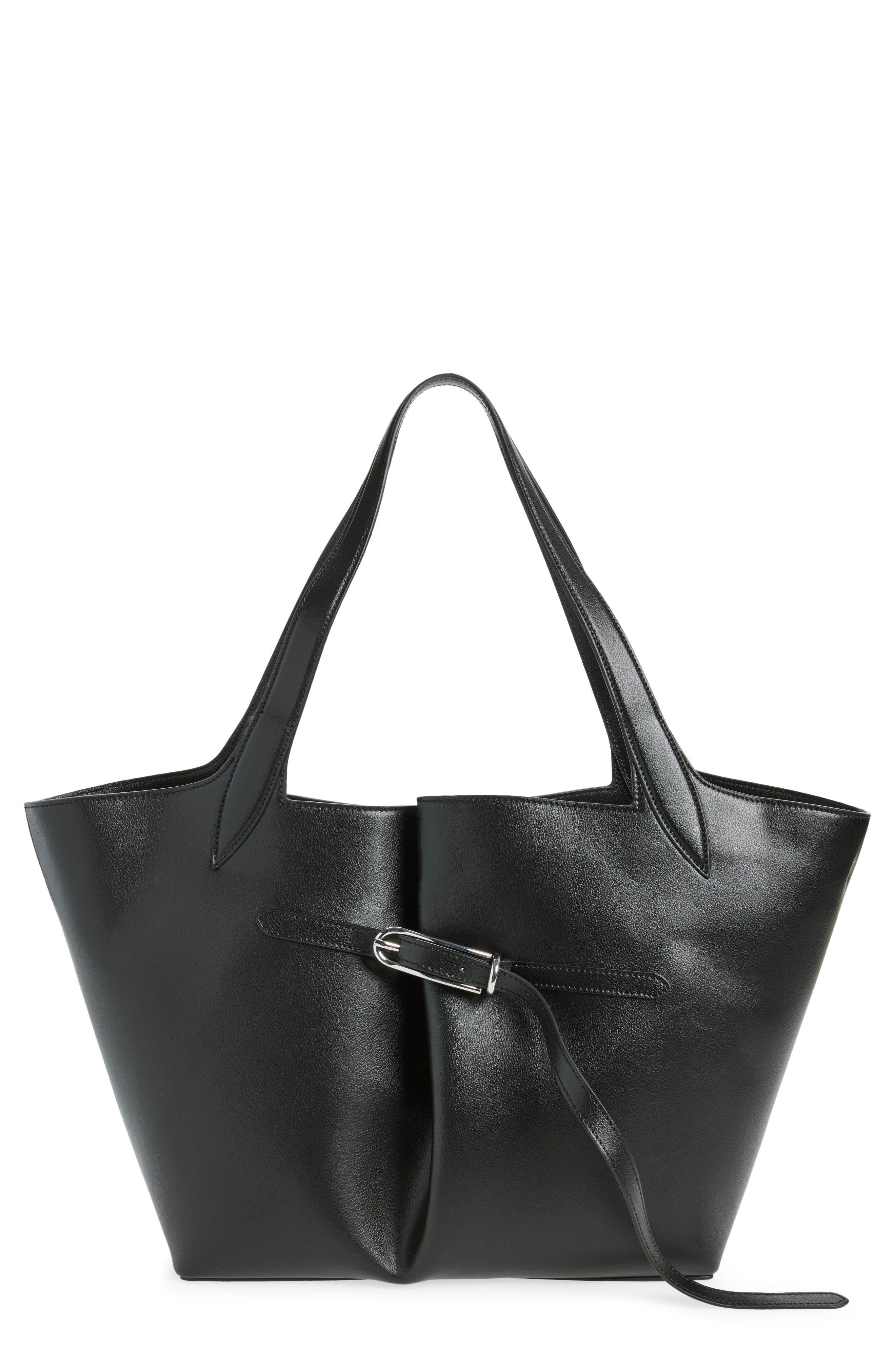 Belted Leather Tote, Main, color, BLACK