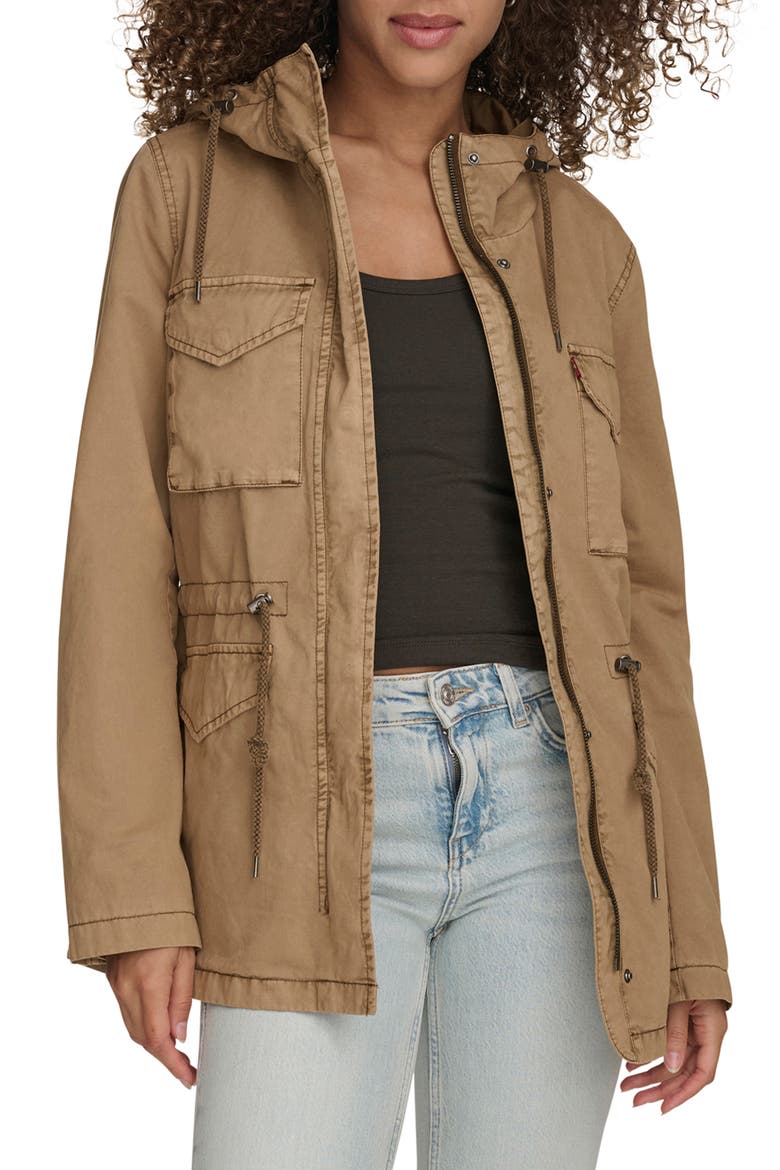 Military Four-Pocket Zip Hooded Jacket, Main, color, CAMEL