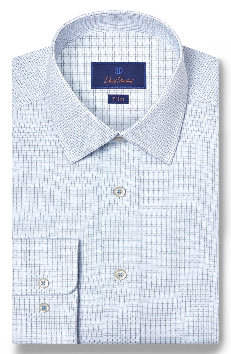 David Donahue Trim Fit Microgrid Cotton Dobby Dress Shirt, Main, color, White/ Blue