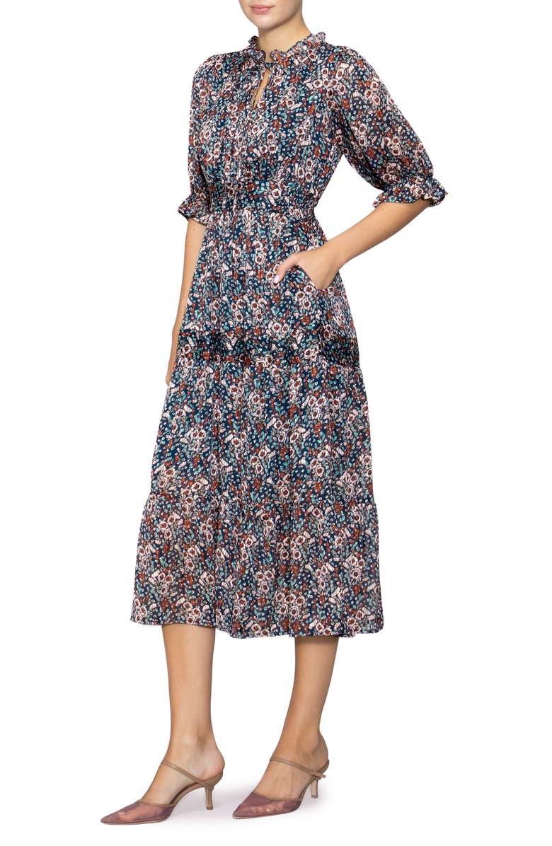 MELLODAY Floral Elbow Sleeve Tiered Midi Dress, Alternate, color, Burgundy Blue Floral