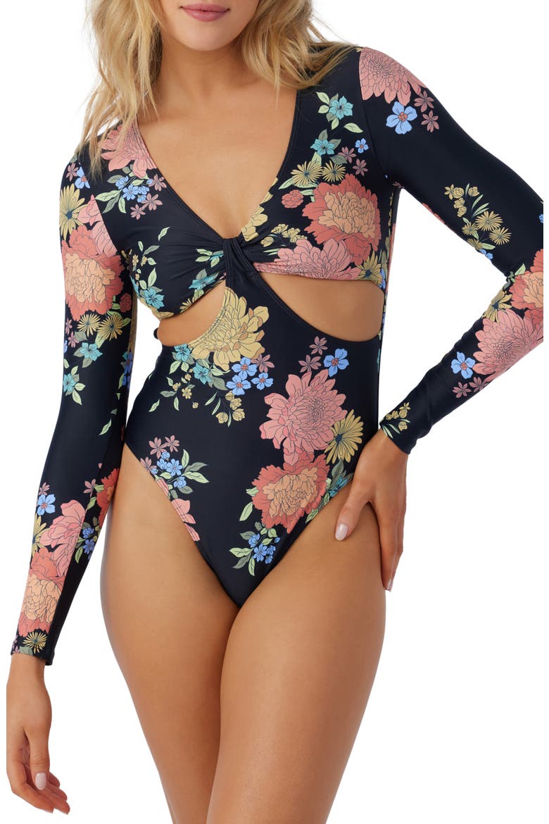Kali Key West Cutout Floral Long Sleeve One-Piece Swimsuit, Main, color, BLACK