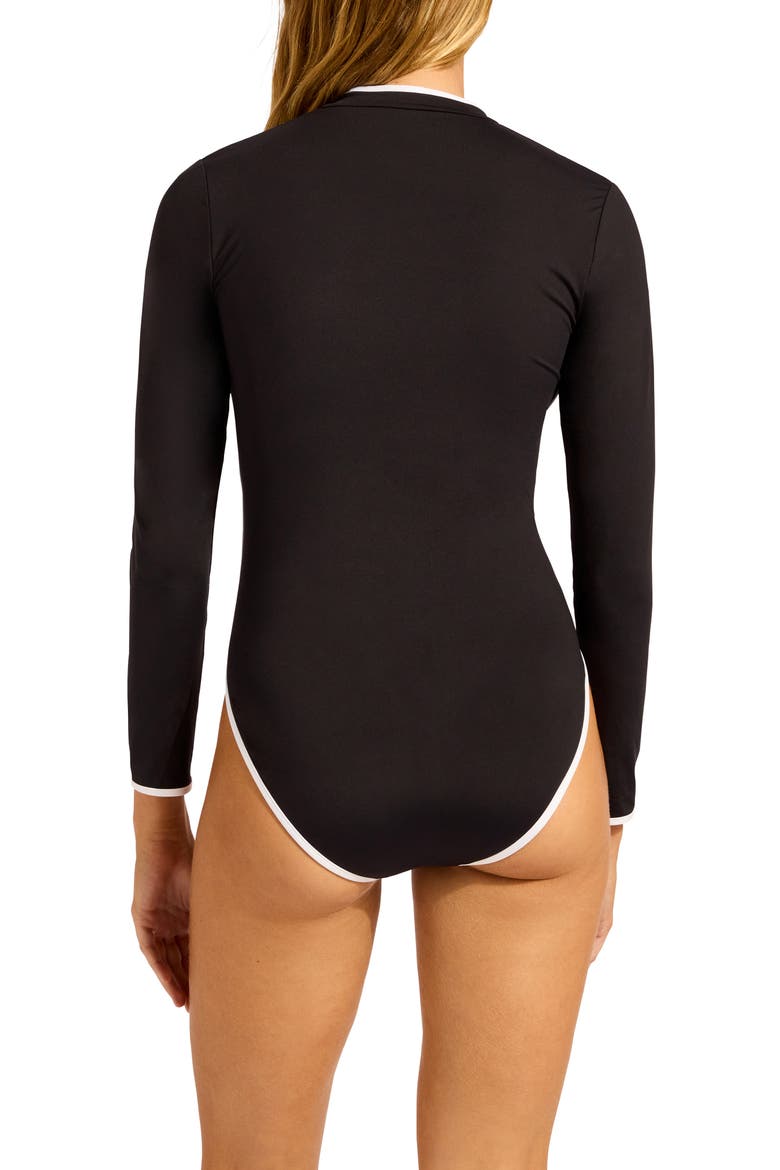 Contrast Binding Long Sleeve One-Piece Rashguard Swimsuit, Alternate, color, BLACK