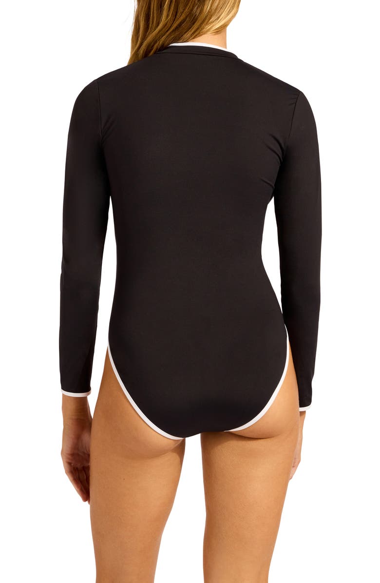 Seafolly Contrast Binding Long Sleeve One-Piece Rashguard Swimsuit, Alternate, color, Black