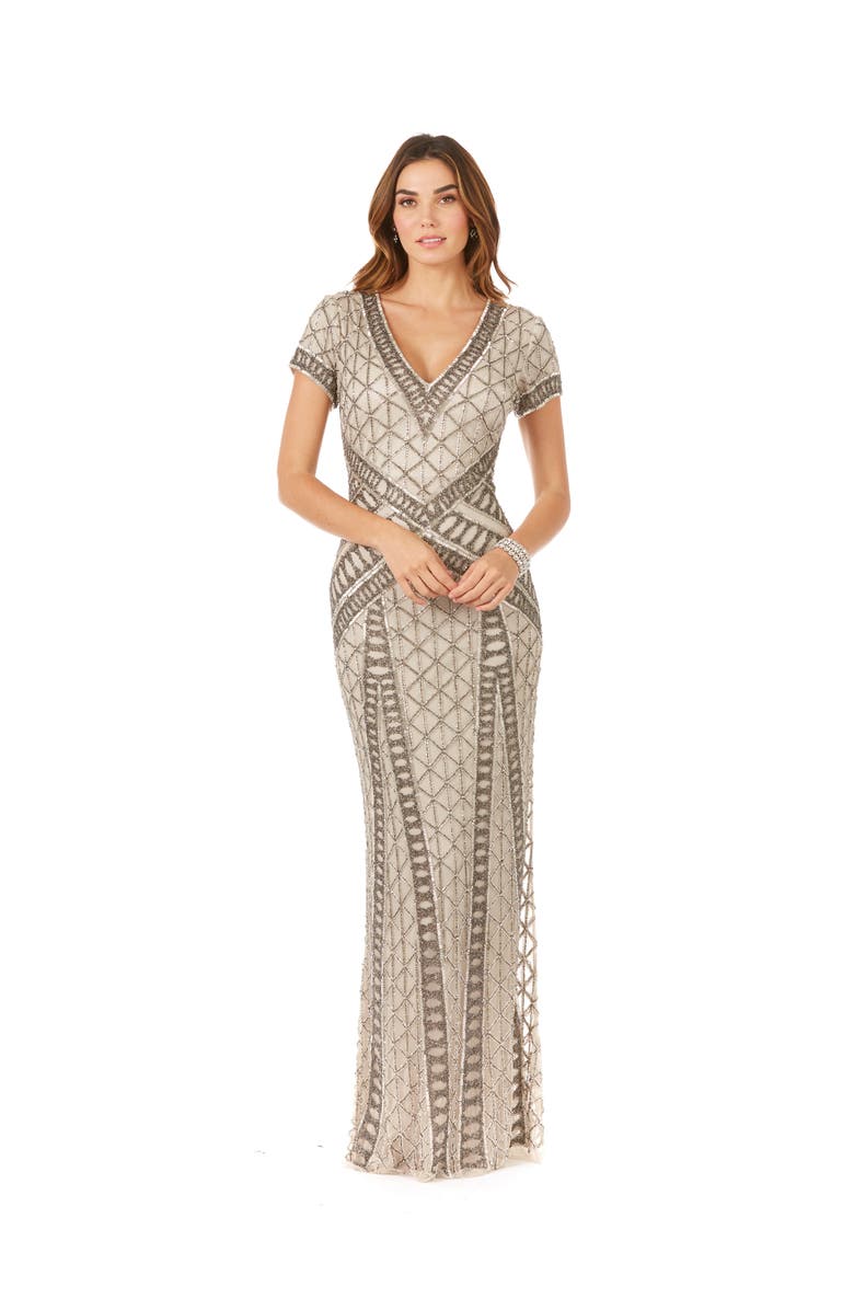 LARA New York Beaded V-Neckline Dress with Cap Sleeves, Main, color, Silver