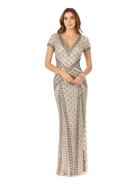 Beaded V-Neckline Dress with Cap Sleeves