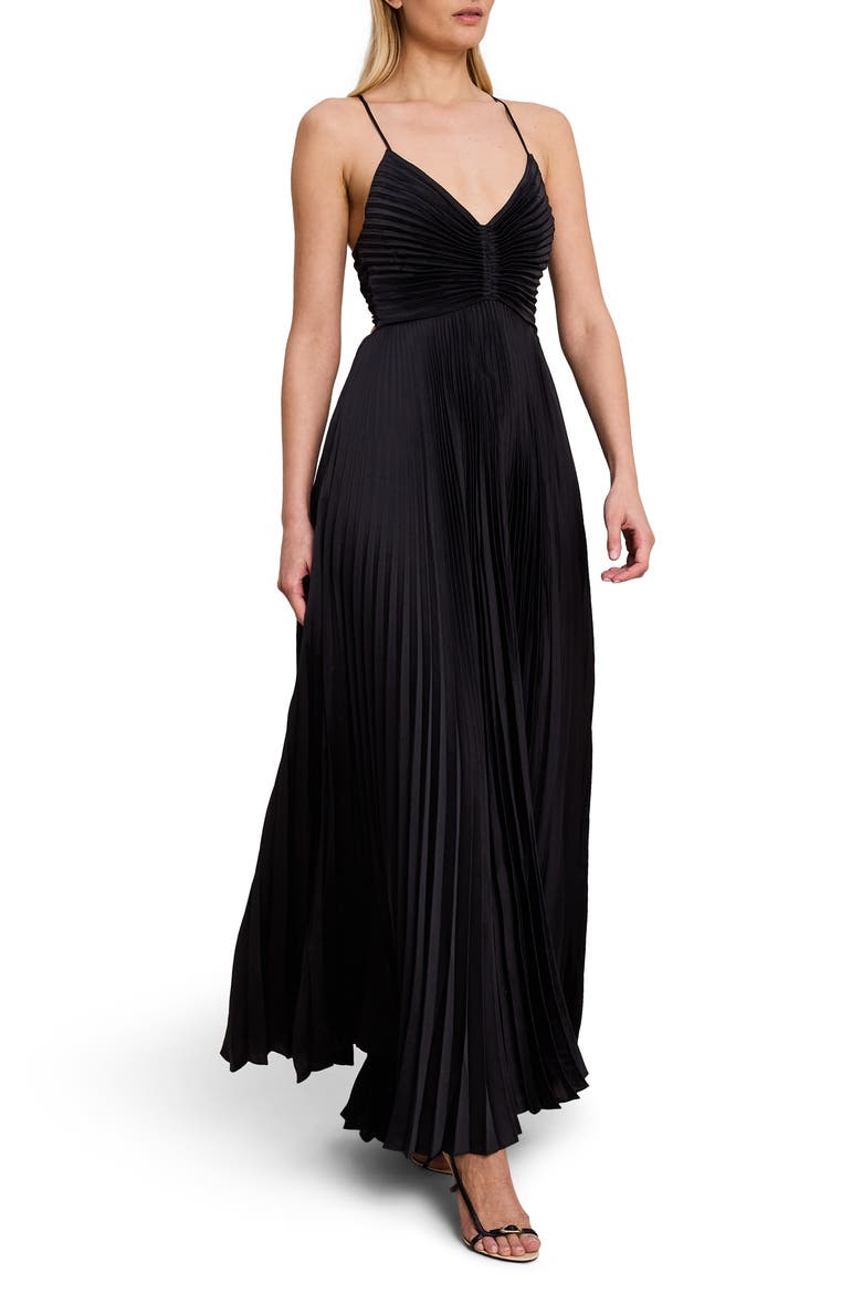 Aries Pleated Cutout Maxi Dress, Alternate, color, BLACK