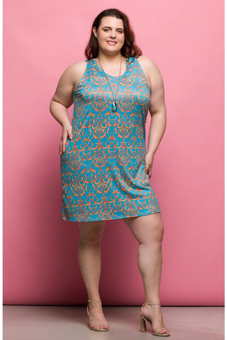 Filigree Print U-Neck Sleeveless Dress, Alternate, color, BLUE MULTI